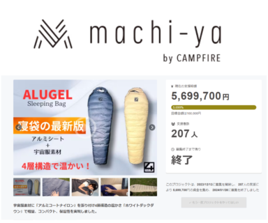 【ALUGEL MUMMY SLEEPING BAG】Machi-yaにて207名5,699,700円の応援購入を頂きました。